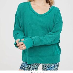 aerie WOW Waffle-Knit Oversized Long Sleeve Top in Teal